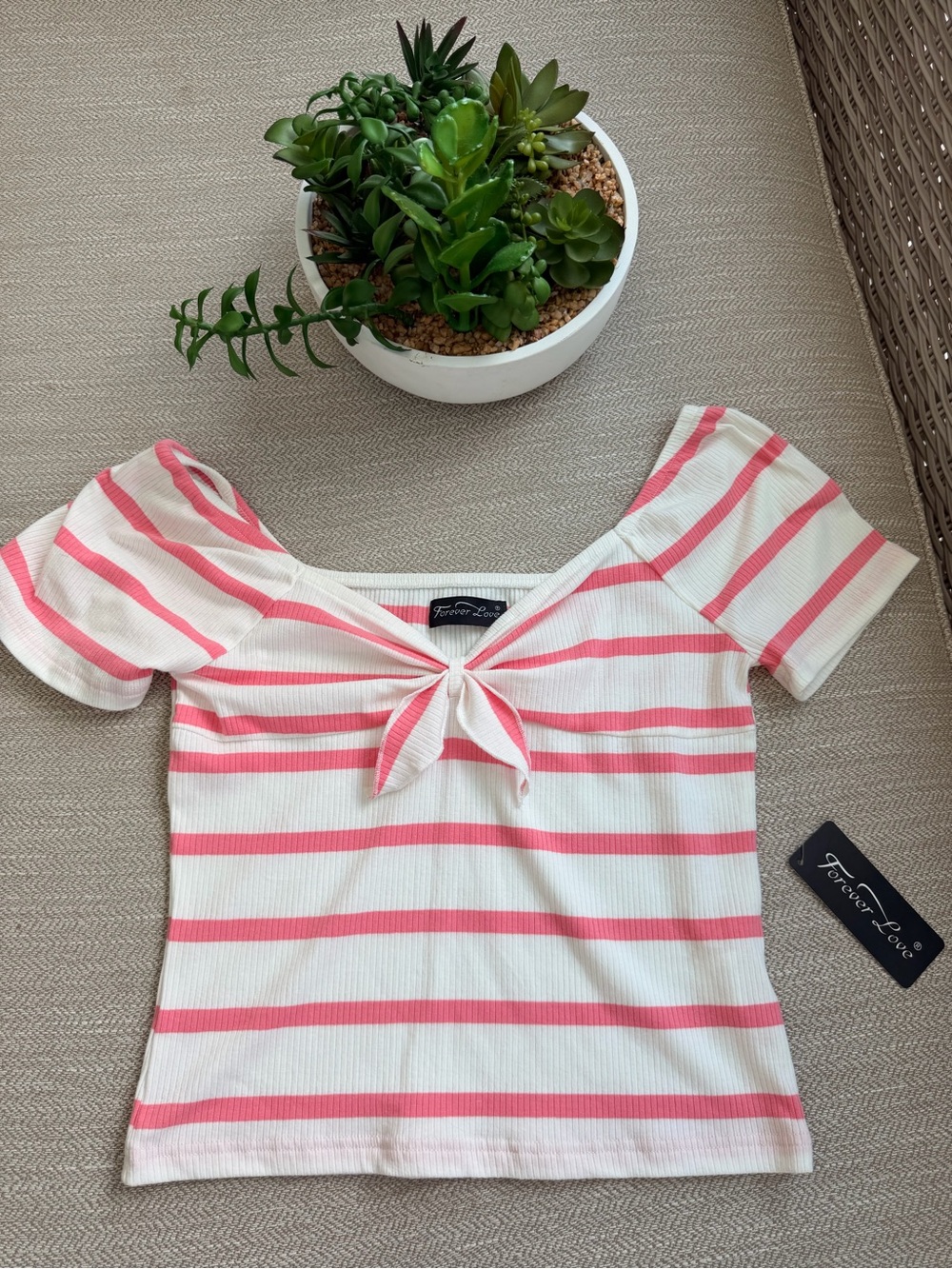 Forever 21 Pink Stripe Tie-Front Short Sleeve Top